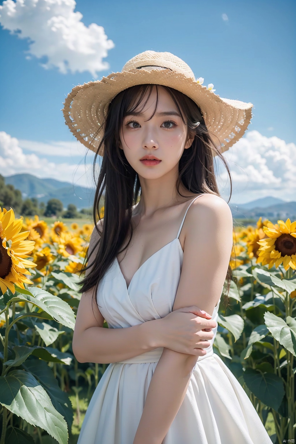  nai3, 1girl, flower, solo, dress, hat, sunflower, sky, outdoors, holding, long hair, cloud, holding flower, white dress, day, looking at viewer, green eyes, white headwear, blue sky, bangs, sun hat, virtual youtuber, petals, parted bangs, brown hair, contrail, bare shoulders, field, off shoulder, ribbon, blue ribbon, off-shoulder dress, flower field, yellow flower, sundress, cloudy sky, standing, collarbone, closed mouth, blush, sister cleaire, cowboy shot, chijian, Nebula