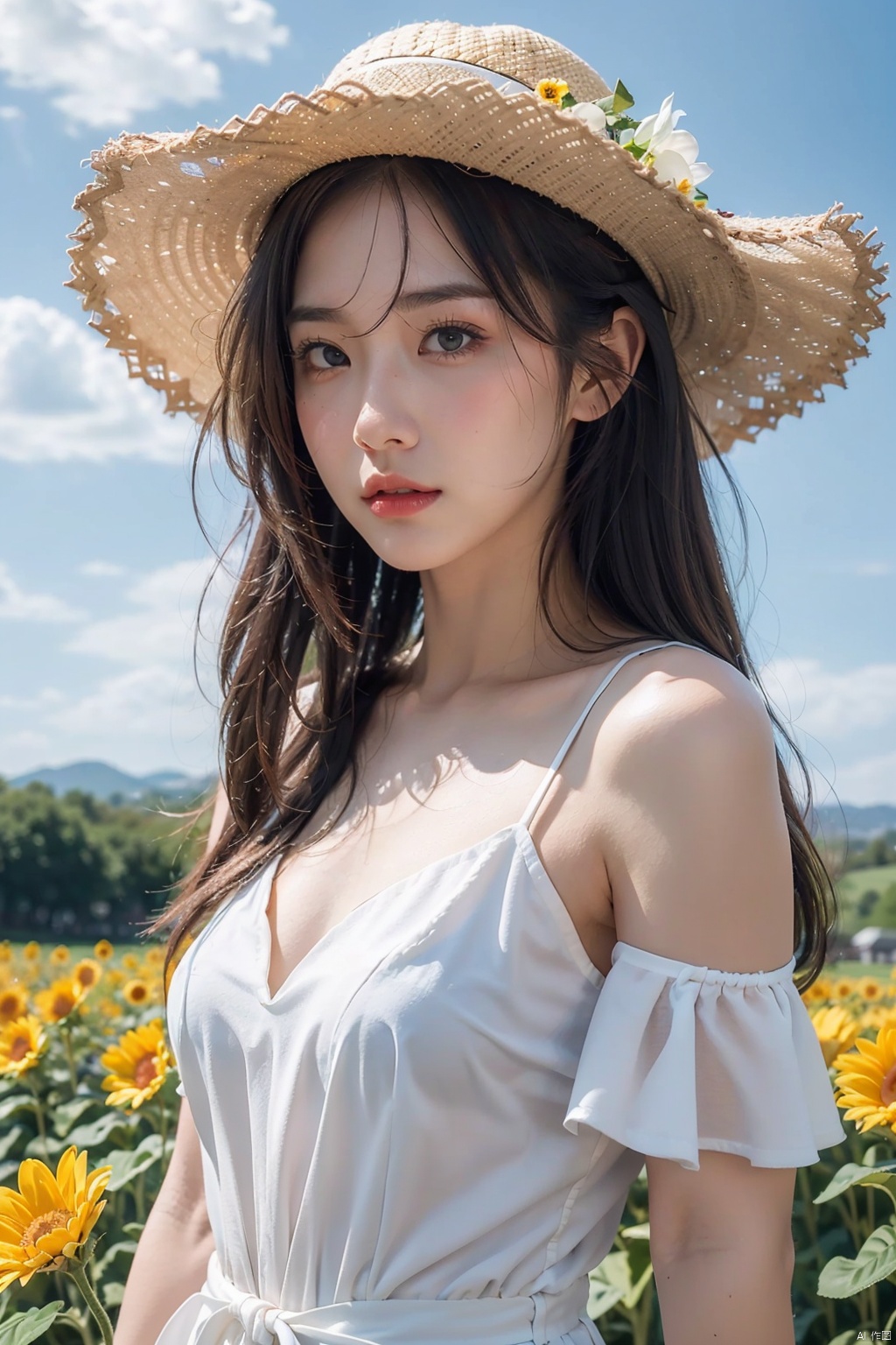  nai3, 1girl, flower, solo, dress, hat, sunflower, sky, outdoors, holding, long hair, cloud, holding flower, white dress, day, looking at viewer, green eyes, white headwear, blue sky, bangs, sun hat, virtual youtuber, petals, parted bangs, brown hair, contrail, bare shoulders, field, off shoulder, ribbon, blue ribbon, off-shoulder dress, flower field, yellow flower, sundress, cloudy sky, standing, collarbone, closed mouth, blush, sister cleaire, cowboy shot, chijian, Nebula