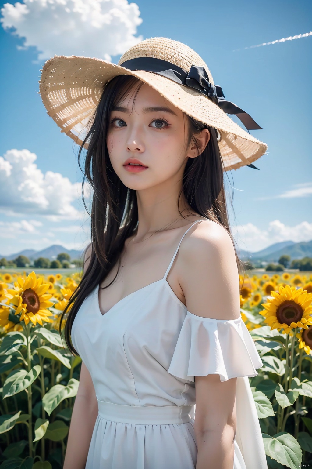  nai3, 1girl, flower, solo, dress, hat, sunflower, sky, outdoors, holding, long hair, cloud, holding flower, white dress, day, looking at viewer, green eyes, white headwear, blue sky, bangs, sun hat, virtual youtuber, petals, parted bangs, brown hair, contrail, bare shoulders, field, off shoulder, ribbon, blue ribbon, off-shoulder dress, flower field, yellow flower, sundress, cloudy sky, standing, collarbone, closed mouth, blush, sister cleaire, cowboy shot, chijian, Nebula