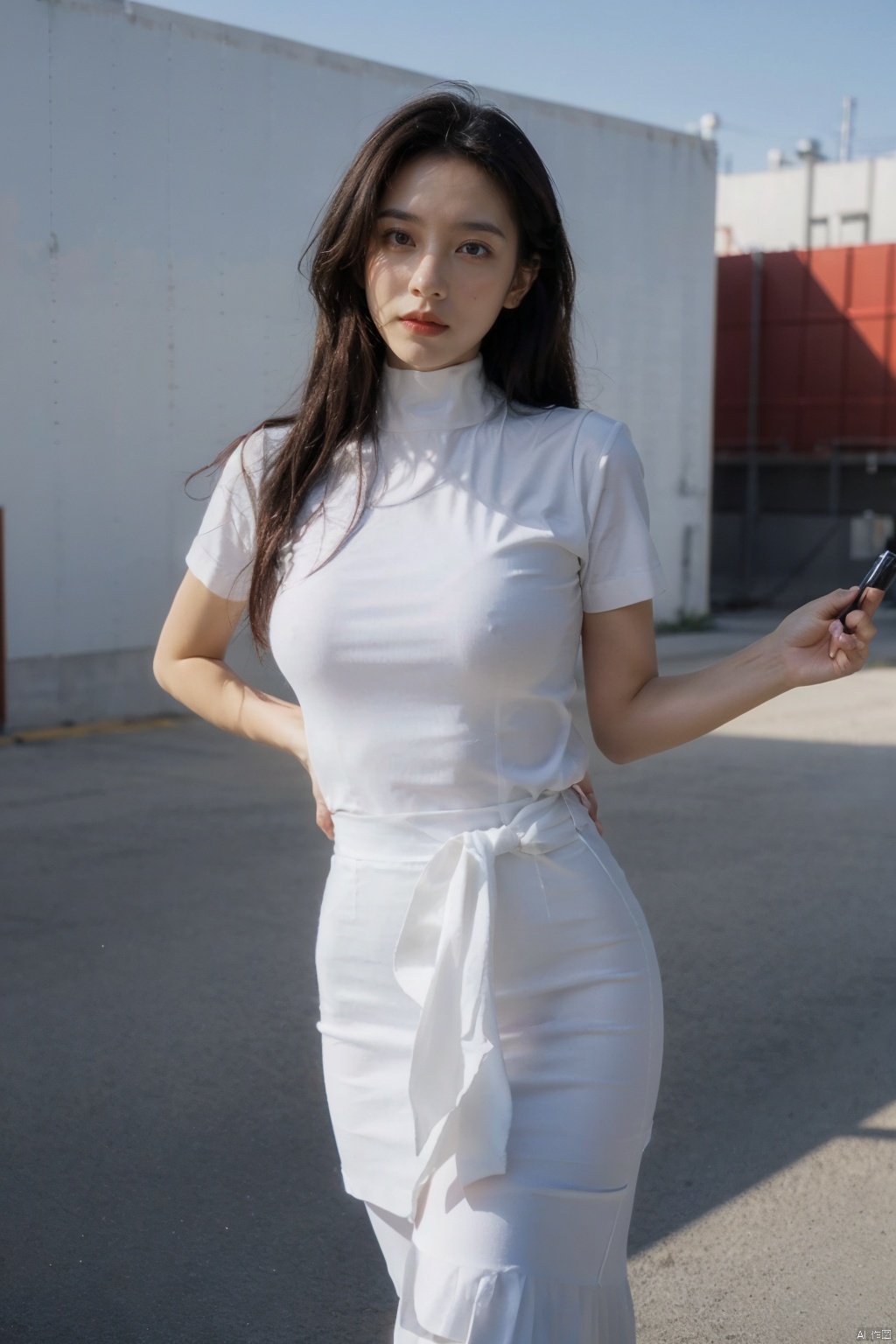  Masterpiece, Best quality, 8k, RAW photo, best quality, masterpiece:1, realistic, photo-realistic:1, (extremely detailed CG unity 8k wallpaper) , detailed and intricate, original, high_res, solo, 1girl , suspender shirt, outdoors, hands on waist, sldr3ssng,moyou, HUBG_Film_Texture