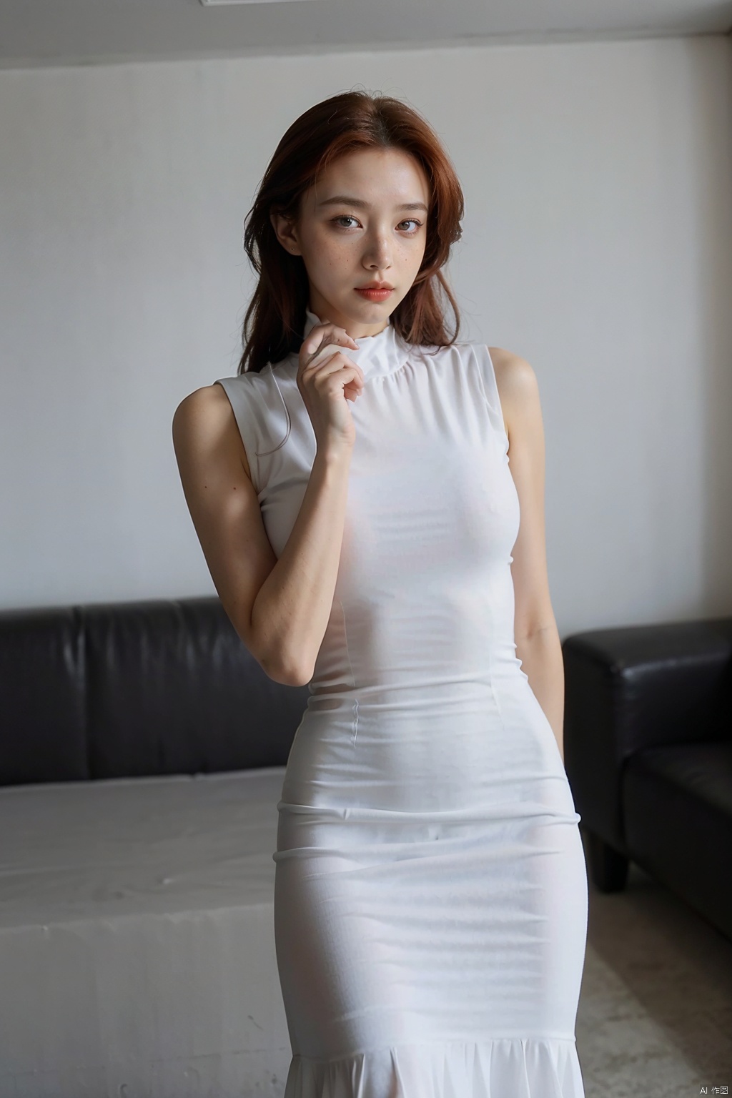 ((Glamour Shot)),(best quality, high quality, sharp focus:1.4), european beautiful woman, model face, (ginger:1.3), (freckles:1.1), look at the viewer, street, best quality, realistic ,masterpiece,bokeh, 4k,photographic, fine texture, incredibly lifelike,   sldr3ssng, white dress
, kongque