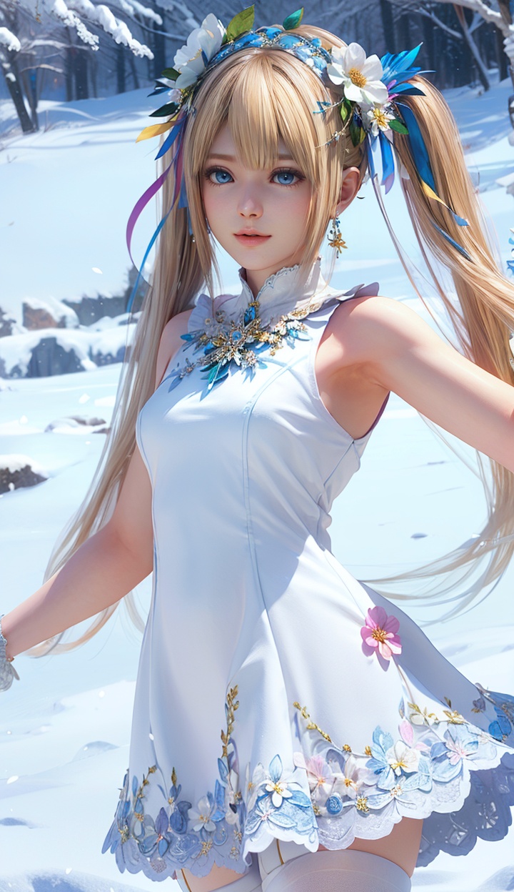 masterpiece,highres,1girl,solo,sfw,<lora:add_detail:0.3>,thighhighs,((beautiful Dress+stocking):1.25),((flower headdress:1.45)),((white theme:1.5)),snow,outdoors,snowflakes,sleeveless,3D graphics,looking_at_viewer,front view,dynamic pose,marie rose,twintails,<lora:marierose-000005:0.75>,blue eyes,