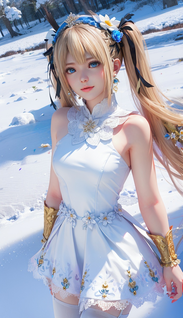 masterpiece,highres,1girl,solo,sfw,<lora:add_detail:0.3>,thighhighs,((beautiful Dress+stocking):1.25),((flower headdress:1.45)),((white theme:1.5)),snow,outdoors,snowflakes,sleeveless,3D graphics,looking_at_viewer,front view,dynamic pose,marie rose,twintails,<lora:marierose-000005:0.7>,blue eyes,