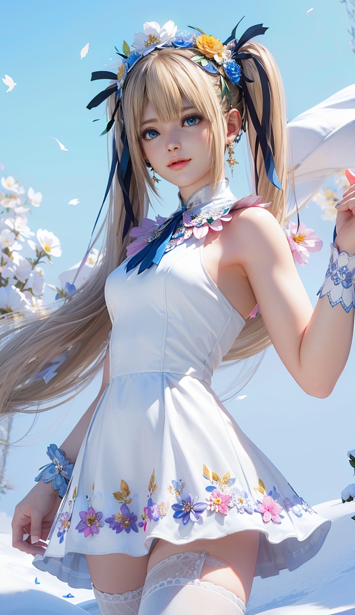 masterpiece,highres,1girl,solo,sfw,<lora:add_detail:0.3>,thighhighs,((beautiful Dress+stocking):1.25),((flower headdress:1.45)),((white theme:1.5)),snow,outdoors,snowflakes,sleeveless,3D graphics,looking_at_viewer,front view,dynamic pose,marie rose,twintails,<lora:marierose-000005:0.7>,blue eyes,