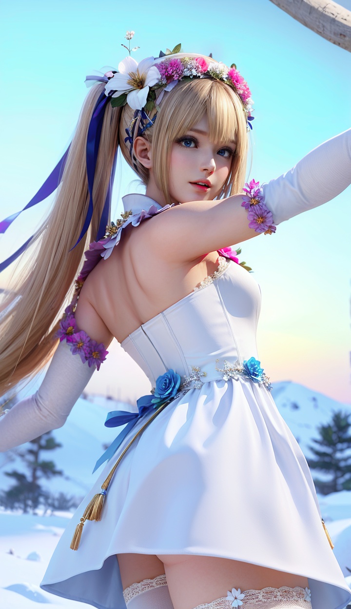 masterpiece,highres,1girl,solo,sfw,<lora:add_detail:0.3>,thighhighs,((beautiful Dress+stocking):1.25),((flower headdress:1.45)),((white theme:1.5)),snow,outdoors,snowflakes,sleeveless,3D graphics,looking_at_viewer,front view,dynamic pose,marie rose,twintails,<lora:marierose-000005:0.7>,blue eyes,