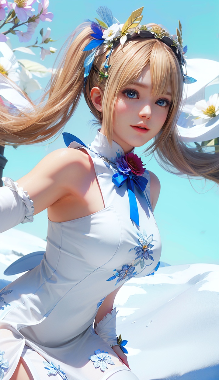 masterpiece,highres,1girl,solo,sfw,<lora:add_detail:0.3>,thighhighs,((beautiful Dress+stocking):1.25),((flower headdress:1.45)),((white theme:1.5)),snow,outdoors,snowflakes,sleeveless,3D graphics,looking_at_viewer,front view,dynamic pose,marie rose,twintails,<lora:marierose-000005:0.7>,blue eyes,