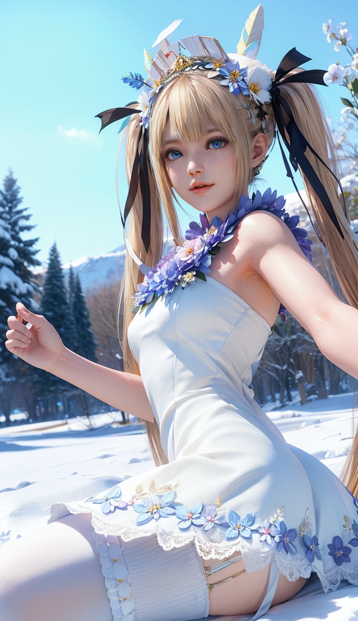 masterpiece,highres,1girl,solo,sfw,<lora:add_detail:0.3>,thighhighs,((beautiful Dress+stocking):1.25),((flower headdress:1.45)),((white theme:1.5)),snow,outdoors,snowflakes,sleeveless,3D graphics,looking_at_viewer,front view,dynamic pose,marie rose,twintails,<lora:marierose-000005:0.7>,blue eyes,