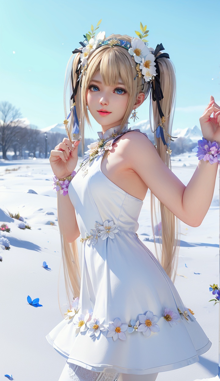 masterpiece,highres,1girl,solo,sfw,<lora:add_detail:0.3>,thighhighs,((beautiful Dress+stocking):1.25),((flower headdress:1.45)),((white theme:1.5)),snow,outdoors,snowflakes,sleeveless,3D graphics,looking_at_viewer,front view,dynamic pose,marie rose,twintails,<lora:marierose-000005:0.75>,blue eyes,