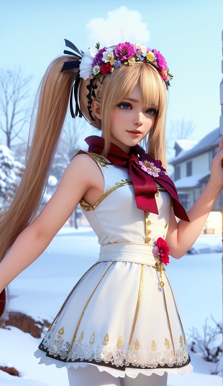masterpiece,highres,1girl,solo,sfw,<lora:add_detail:0.3>,thighhighs,((beautiful Dress+stocking):1.25),((flower headdress:1.45)),((white theme:1.5)),snow,outdoors,snowflakes,sleeveless,3D graphics,looking_at_viewer,front view,dynamic pose,marie rose,twintails,<lora:marierose-000005:0.7>,blue eyes,