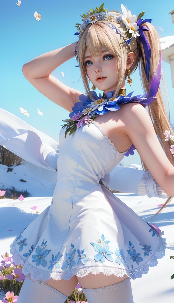 masterpiece,highres,1girl,solo,sfw,<lora:add_detail:0.3>,thighhighs,((beautiful Dress+stocking):1.25),((flower headdress:1.45)),((white theme:1.5)),snow,outdoors,snowflakes,sleeveless,3D graphics,looking_at_viewer,front view,dynamic pose,marie rose,twintails,<lora:marierose-000005:0.7>,blue eyes,