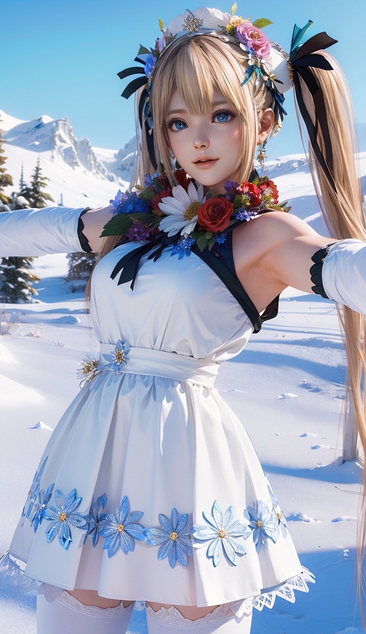 masterpiece,highres,1girl,solo,sfw,<lora:add_detail:0.3>,thighhighs,((beautiful Dress+stocking):1.25),((flower headdress:1.45)),((white theme:1.5)),snow,outdoors,snowflakes,sleeveless,3D graphics,looking_at_viewer,front view,dynamic pose,marie rose,twintails,<lora:marierose-000005:0.75>,blue eyes,