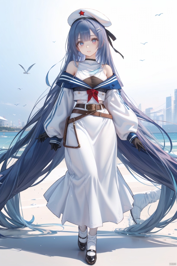  YingTan, 1girl, solo, long hair, gloves, white headwear, white gloves, very long hair, skirt, looking at viewer, long skirt, standing, full body, long sleeves, bare shoulders, white skirt, sailor collar, off shoulder, belt, leotard, white leotard, shoes, shirt, breasts, blue sailor collar, beret, white shirt,