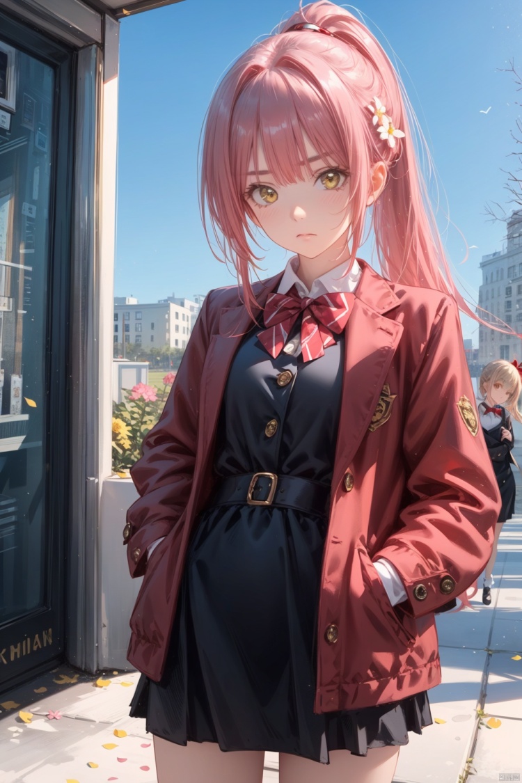 1petite loli, solo.pink hair, yellow eyes, hair flower, fipped hair, (red Jacket), high ponytail, white collared shirt, black dress, red bowtie;Frown, looking at viewer, hands in pockets, standing.