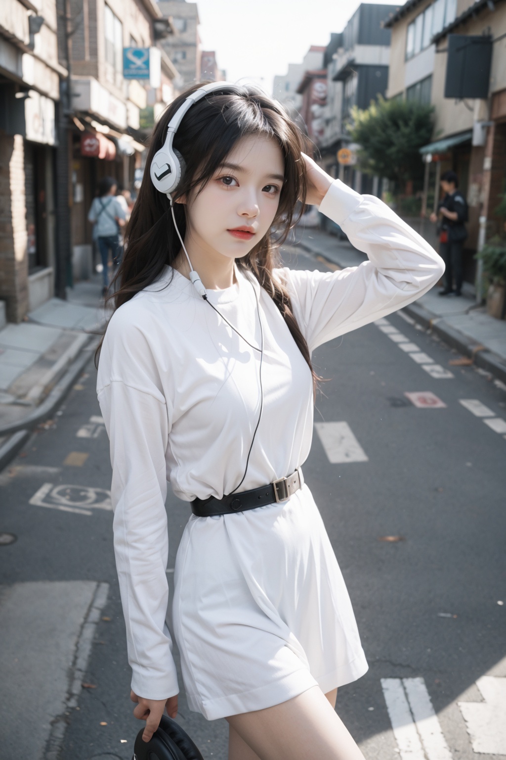 1girl, solo, white legwear,street,behind-the-head headphones,  ,high quality,
