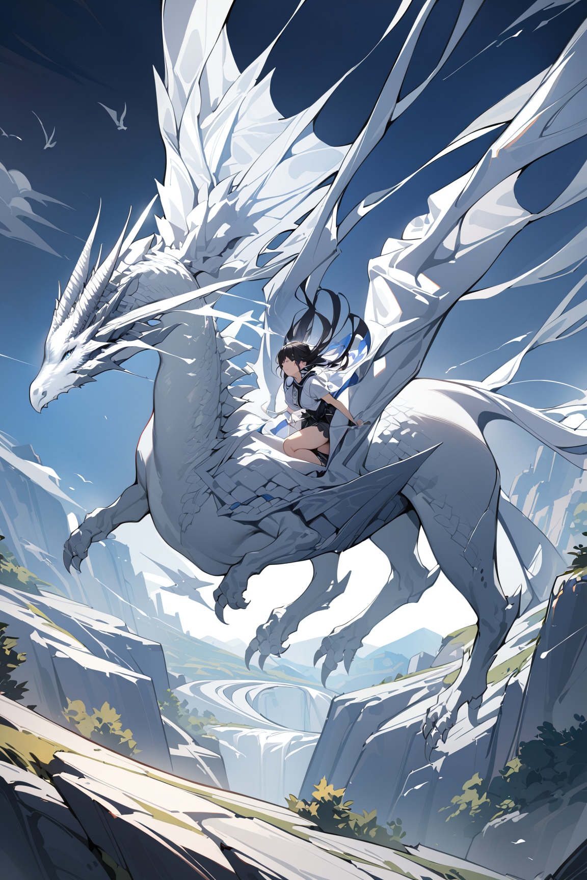 A girl riding a white dragon soars through the sky,  masterpiece,  best quality on Tensor.Art