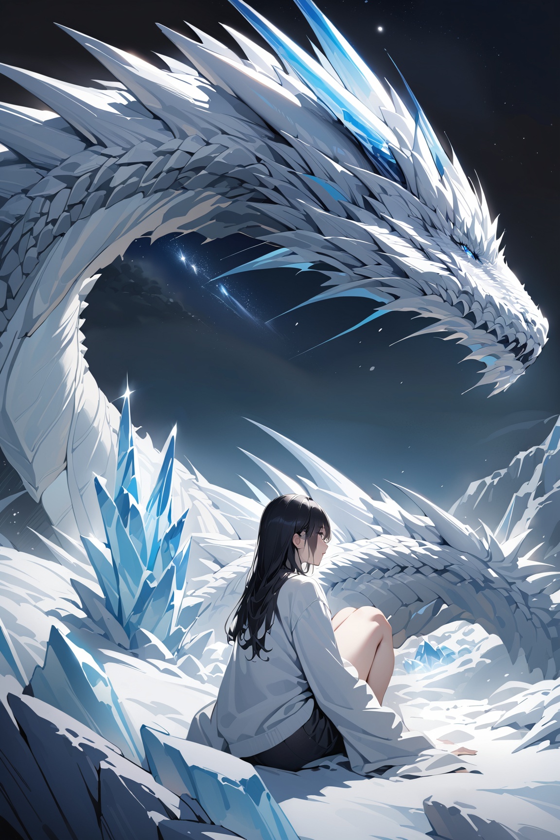 white dragon and girl,  starry sky,  night on Tensor.Art