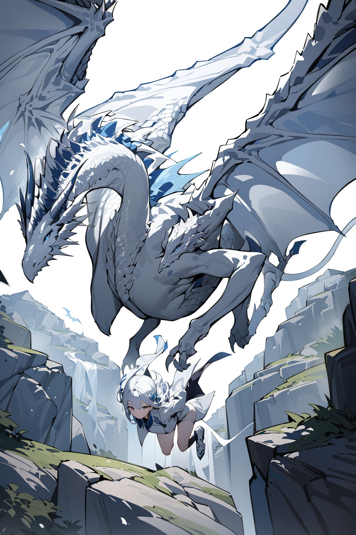 white dragon and girl,  flying,  dragon wings on Tensor.Art