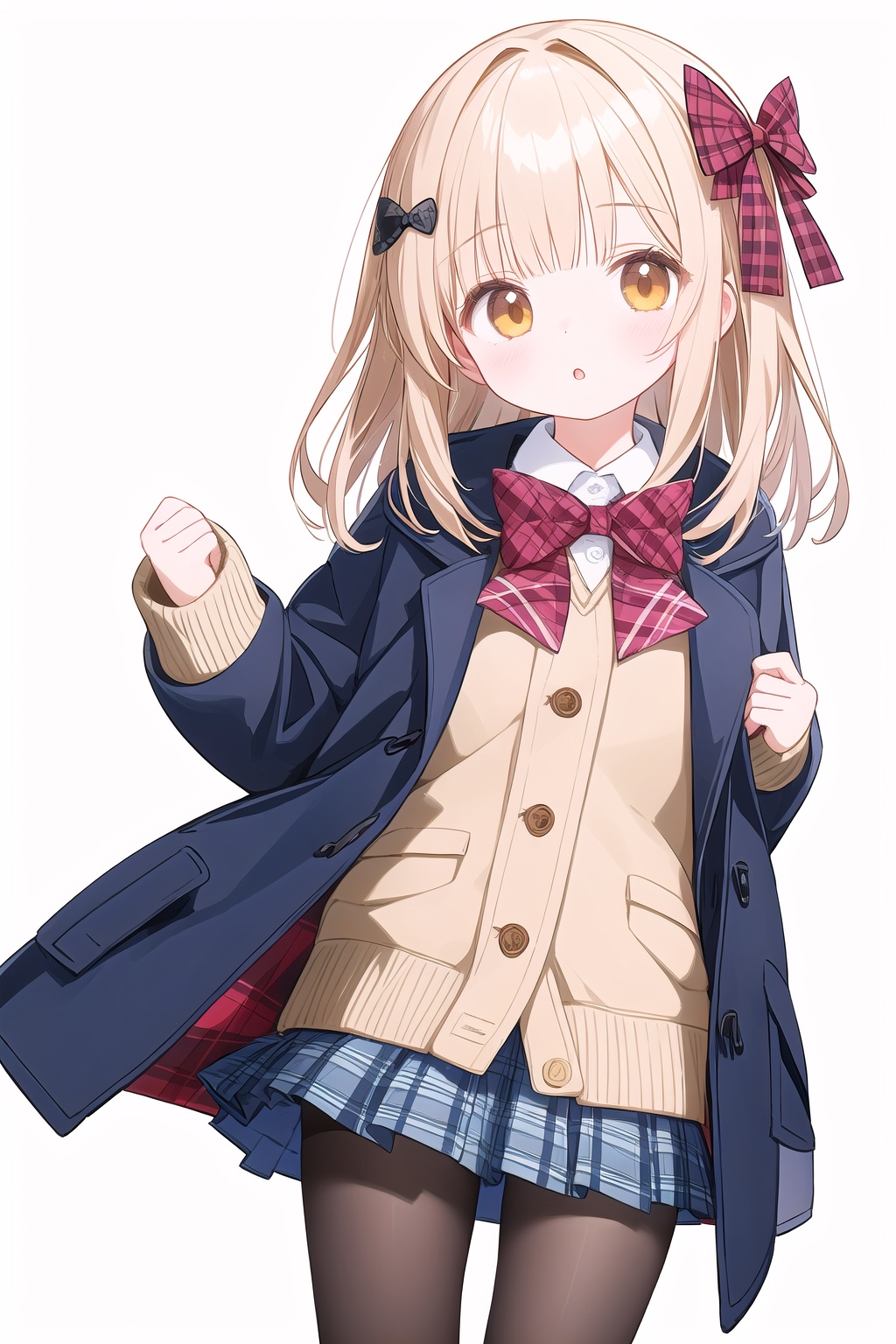 OMIC,1girl,loli,bag,bangs,fishnet_legwear,pantyhose,plaid,plaid_skirt,pleated_skirt,skirt,solo,unmoving_pattern,long_hair,looking_at_viewer,shirt,hair_ornament,long_sleeves,bow,standing,jacket,hair_bow,parted_lips,open_clothes,blunt_bangs,medium_hair,:o,coat,sleeves_past_wrists,open_coat,simple_background,beige_background,