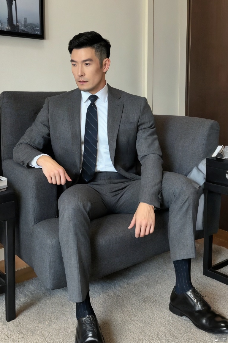 1man,solo,Asian,male focus,(masterpiece, realistic,Realism, best quality, highly detailed,profession),handsome,muscular,suit,sheer socks,footwear,soft lighting,sitting,blurry,full_shot,jzns, gx3