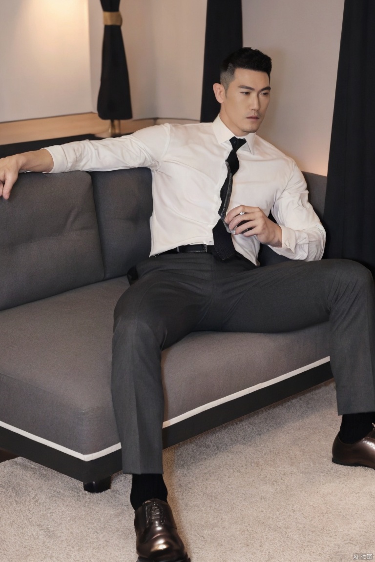  1man,male focus,(masterpiece, Realism, best quality, highly detailed,profession),asian,exquisite facial features,handsome,muscular,Lean on the sofa,suit,pants,socks,footwear,Black necktie,[bulge],full shot,soft lighting,blurry, jzns
