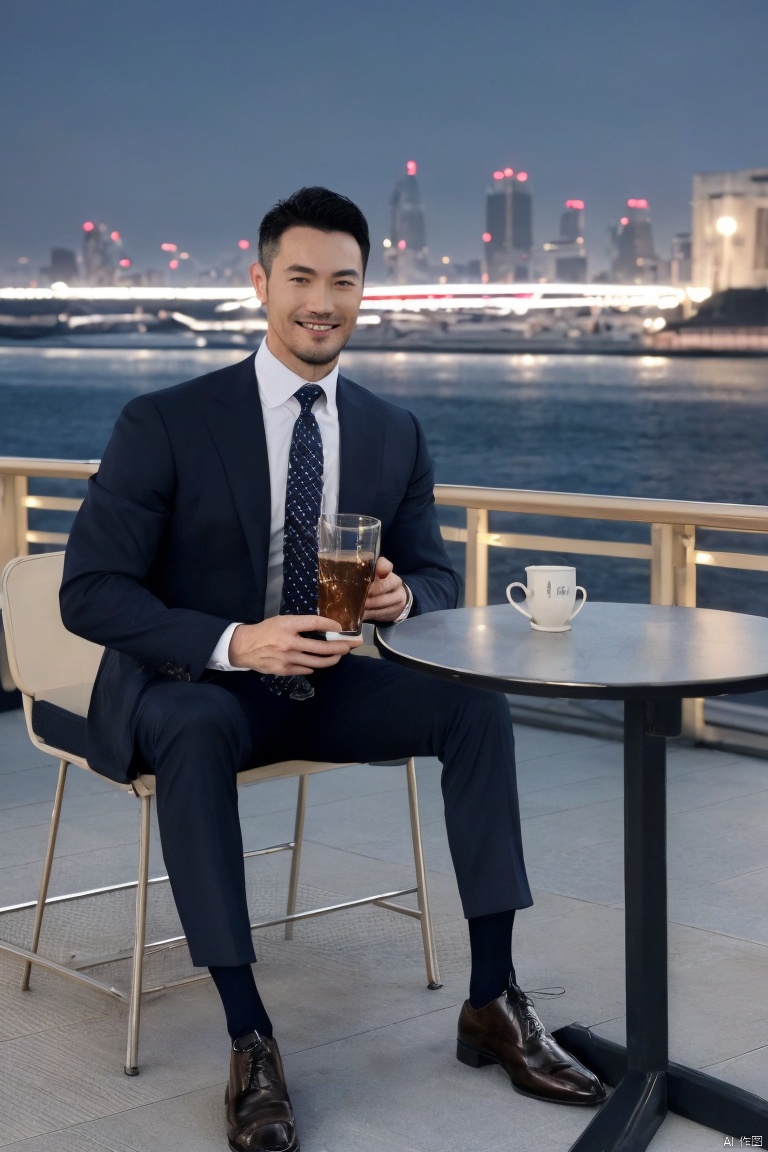  1man,male focus,(masterpiece, realistic,Realism, best quality, highly detailed,profession),asian,exquisite facial features,handsome,muscular,smile,sitting,in cafe,drinking,suit,pants,navy socks,footwear,Black necktie,outdoors,full shot,soft lighting,at night,cyberpunk,blurry, jzns