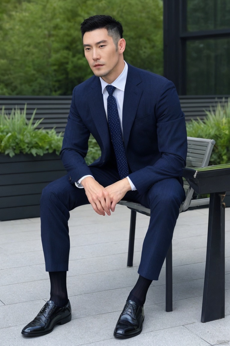 1man,solo,Asian,male focus,(masterpiece, realistic,Realism, best quality, highly detailed,profession),handsome,muscular,suit,sheer socks,footwear,soft lighting,sitting,dynamic pose,outdoors,blurry,full_shot,jzns, gx3