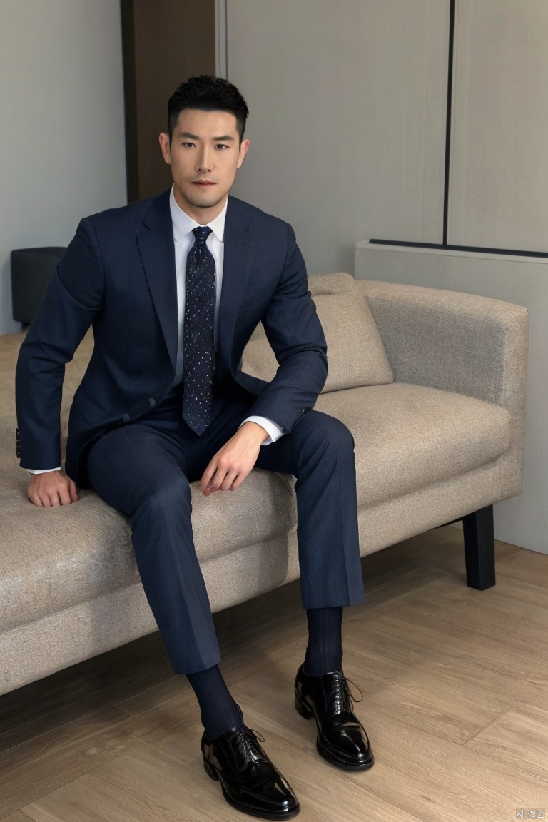1man,solo,Asian,male focus,(masterpiece, realistic,Realism, best quality, highly detailed,profession),handsome,muscular,suit,bow,sheer socks,footwear,soft lighting,sitting,blurry,full_shot,jzns