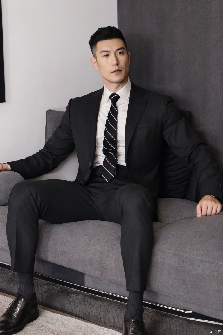  1man,male focus,(masterpiece, Realism, best quality, highly detailed,profession),asian,exquisite facial features,handsome,muscular,Lean on the sofa,suit,pants,black socks,footwear,Black necktie,[bulge],full shot,soft lighting,blurry, jzns