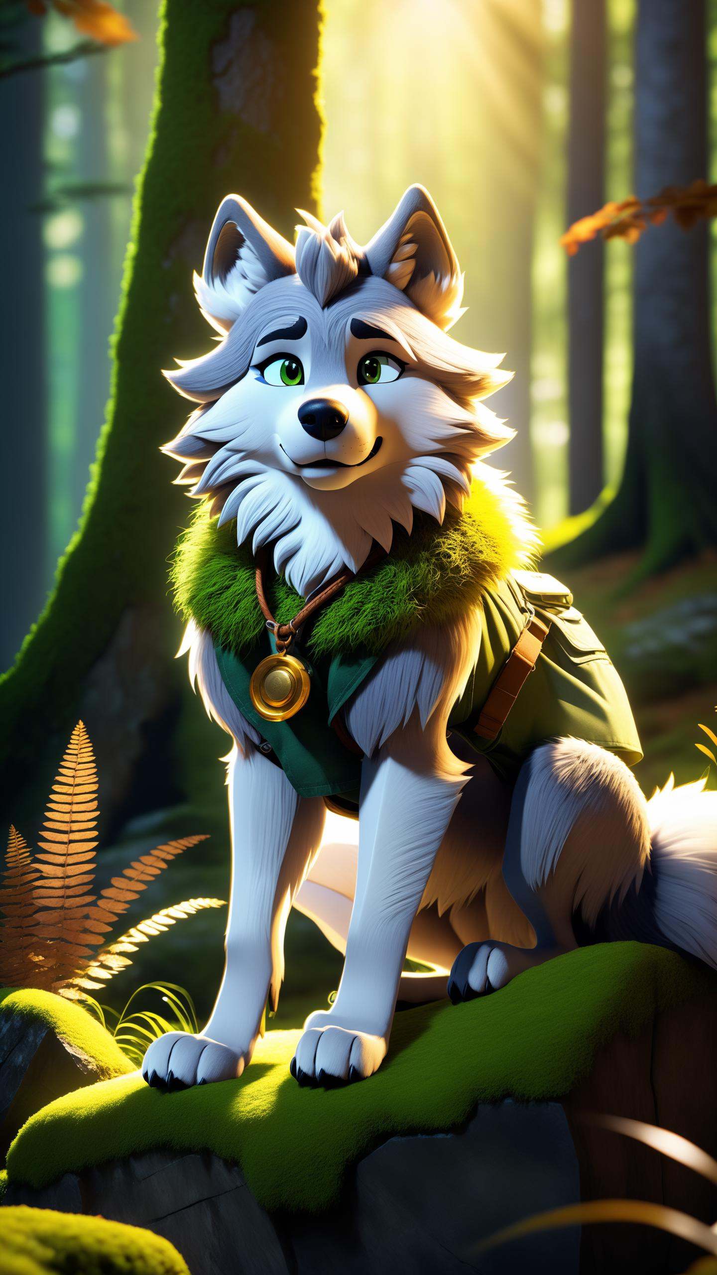 in the forest sitting on a mossy stone,  ,  Fluffy curly fur on Tensor.Art