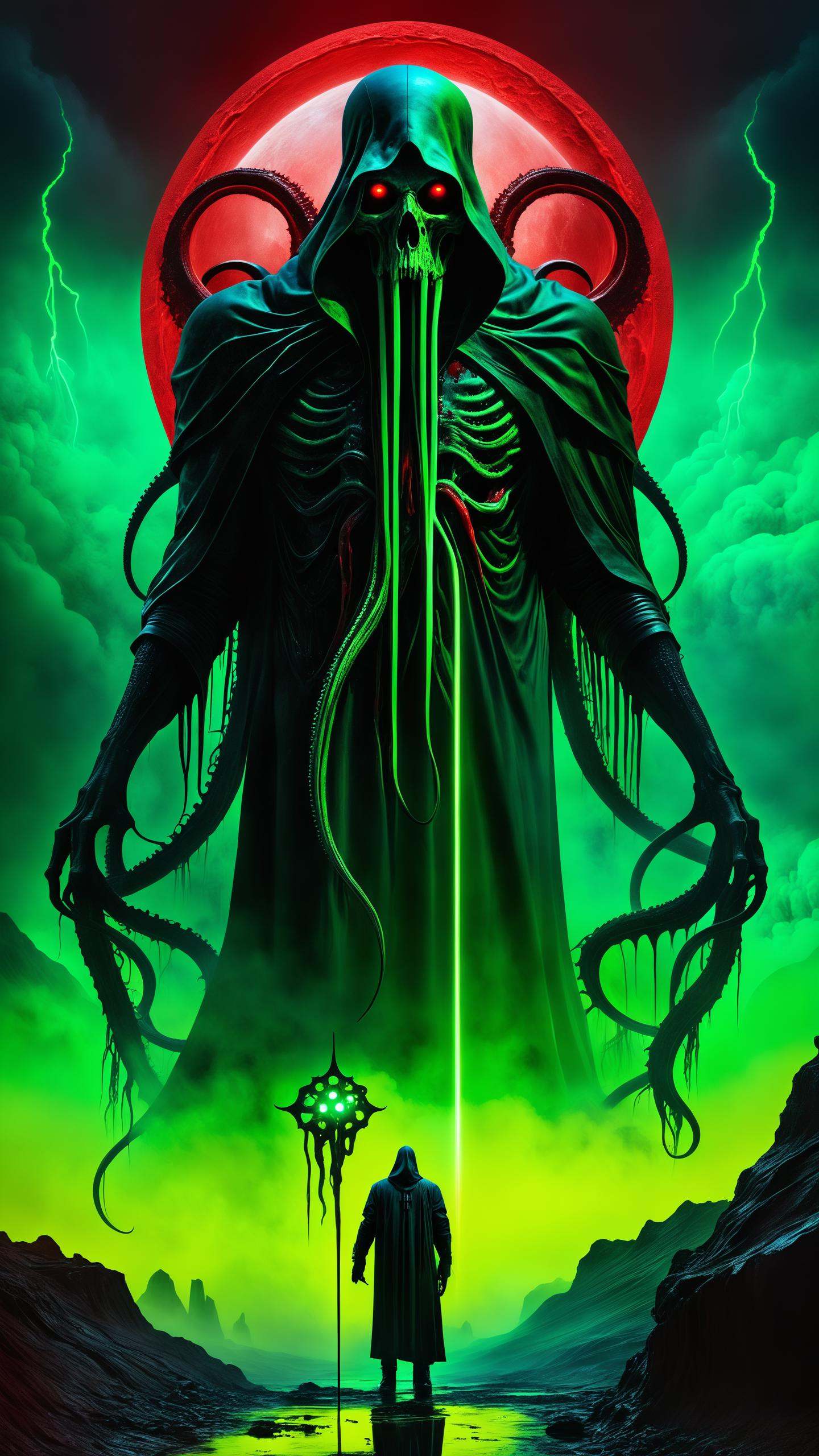 Hellwalker,  incombing death,  sharp neon sky filled with the souls of the deads on Tensor.Art