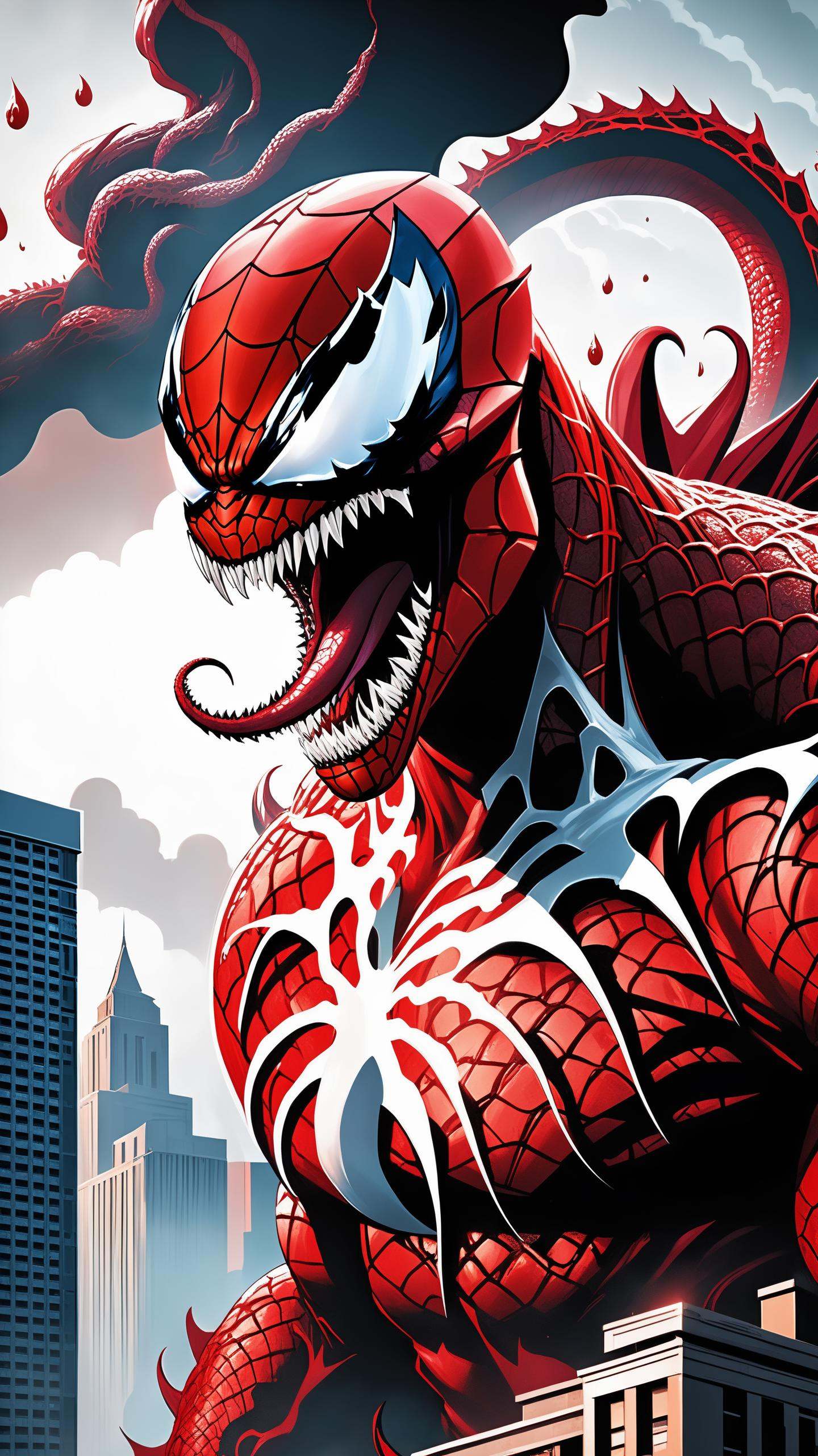 perfect mix between Carnage from Marvel and Godzilla,  with Carnage's red tentacles protruding from his entire body,  dest...
