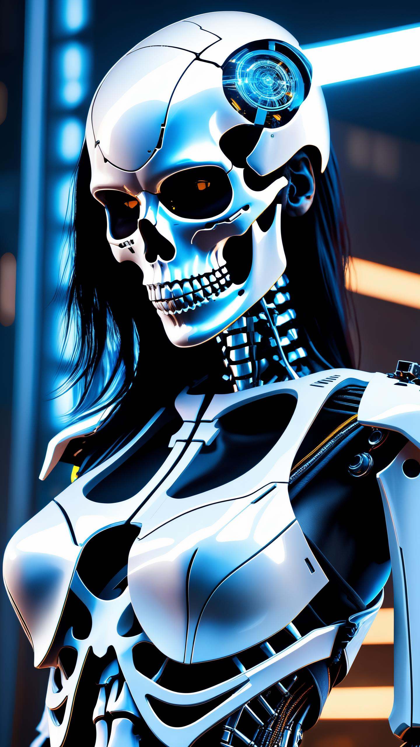 a bad woman in a futuristic suit with a ((skeleton head)),  ((which disintegrates)),  cybernetic on Tensor.Art