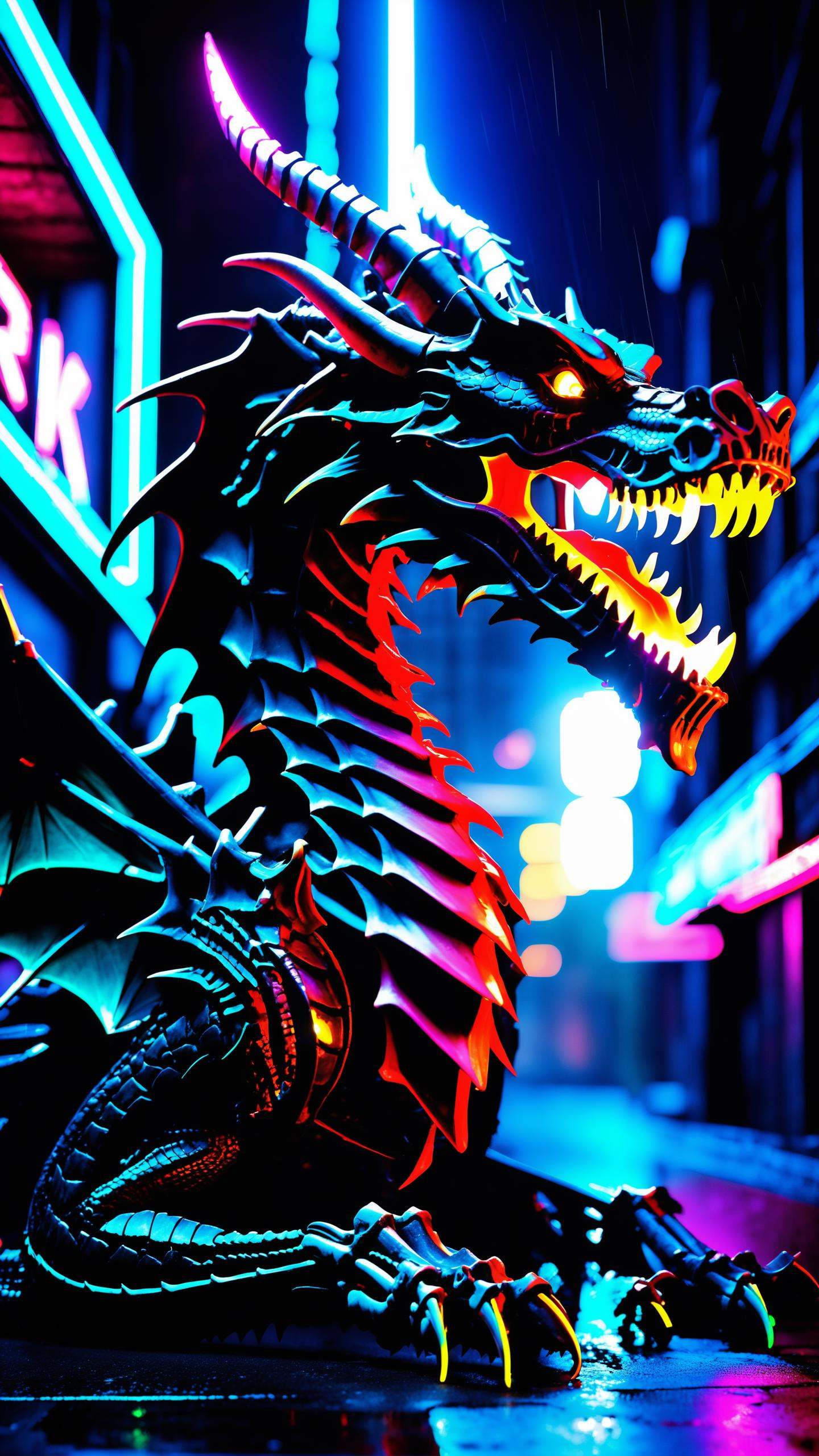 Neon noir dragon skeleton,  fangs,  looking at viewer on Tensor.Art