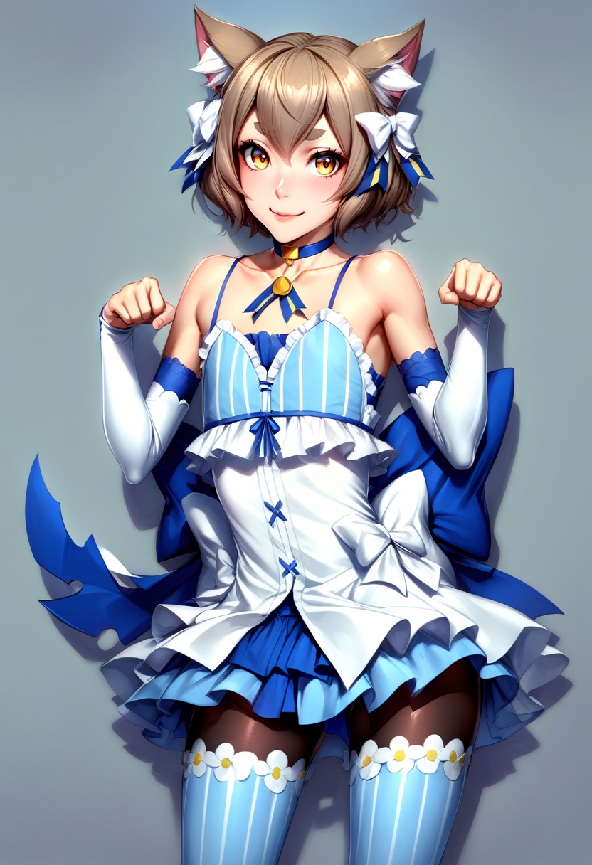 solo, male focus, 1boy, felix argyle, otoko no ko, smile, looking at viewer, paw pose, hair bow, dress, striped, ribbon, detached sleeves, pantyhose, blue choker, tail, collarbone, bare shoulders <lora:rezero_felixargyle_xl-000004:1>