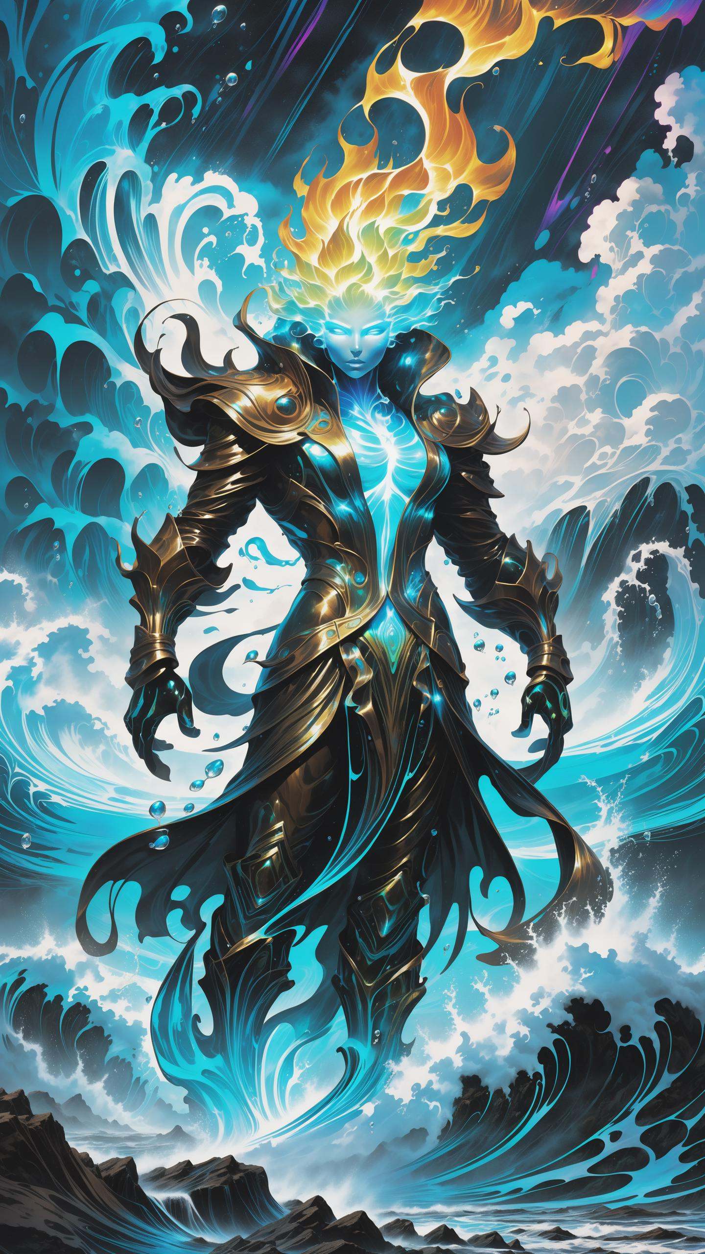 beautiful digital artwork of the earth soil elemental with iridescent filigree water features,  stunning humanoid essence...