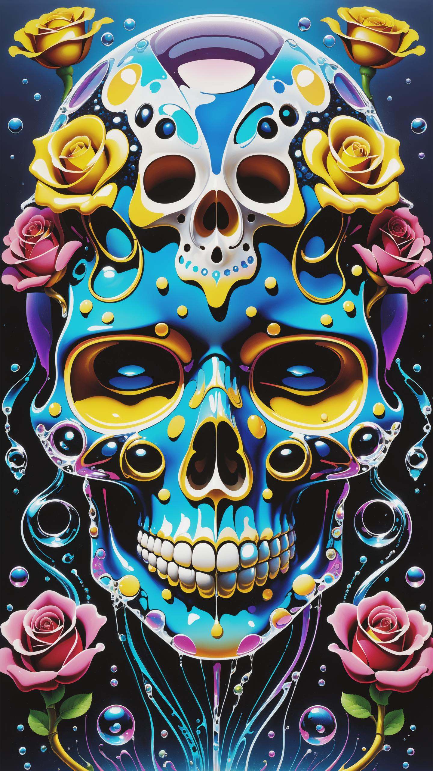 asymmetrical biomechanical ,  from below,  colorful melting skull on Tensor.Art