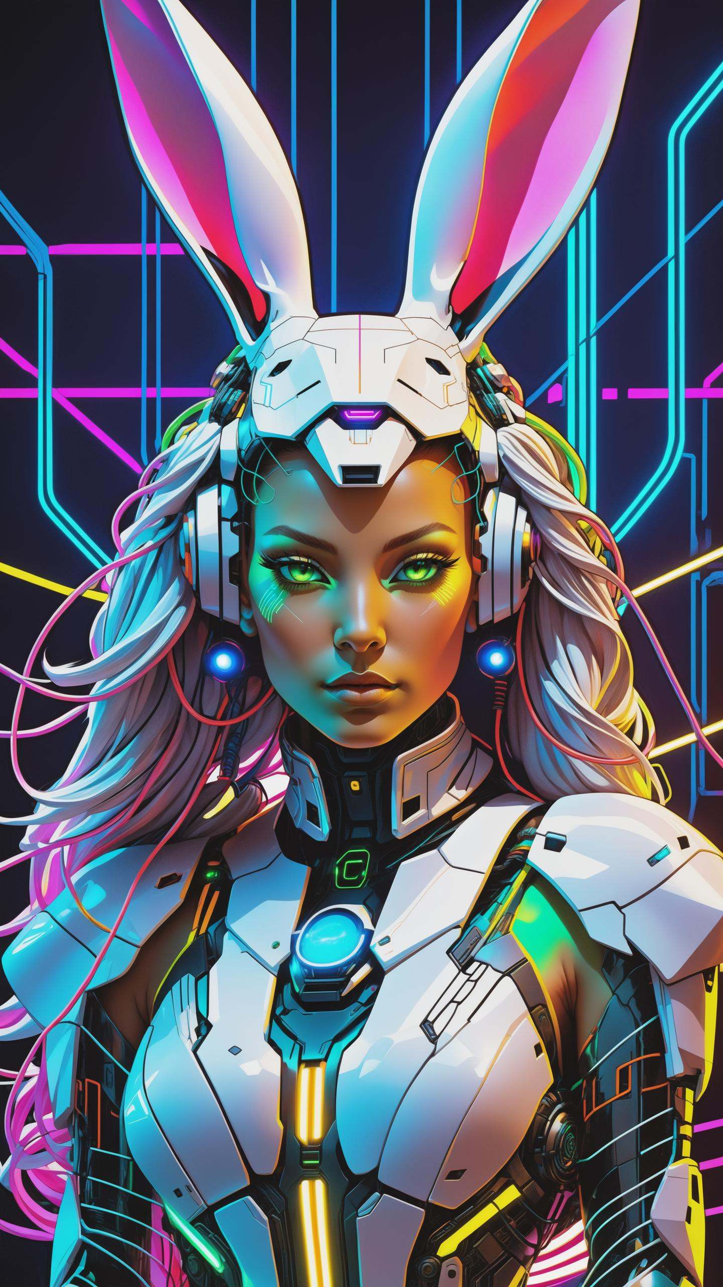 Cyborg feminine hare,  kawaii cyborg rabbit,  high detailed face on Tensor.Art