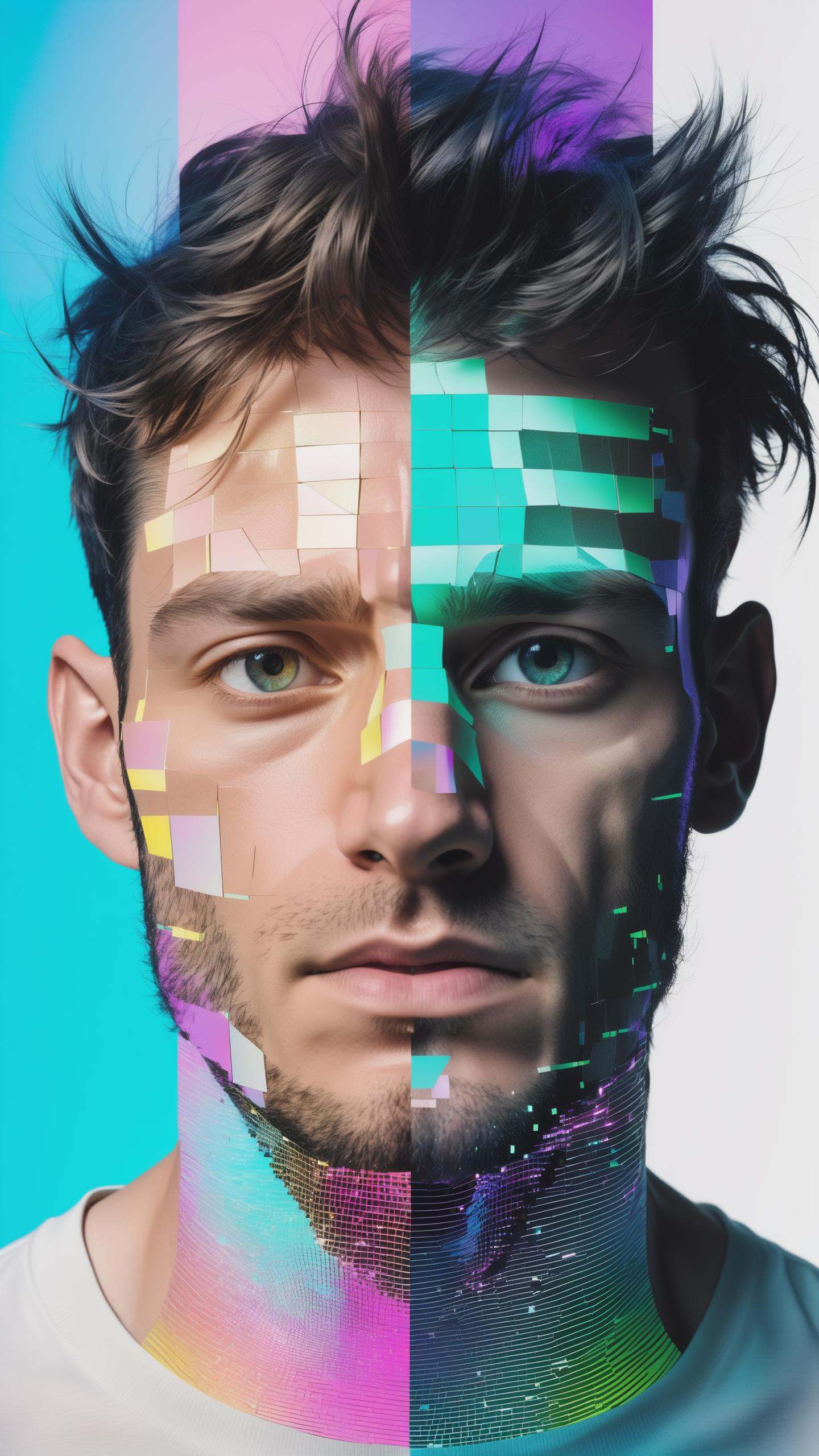 front shot,  1 man glitching,  splitted personality on Tensor.Art