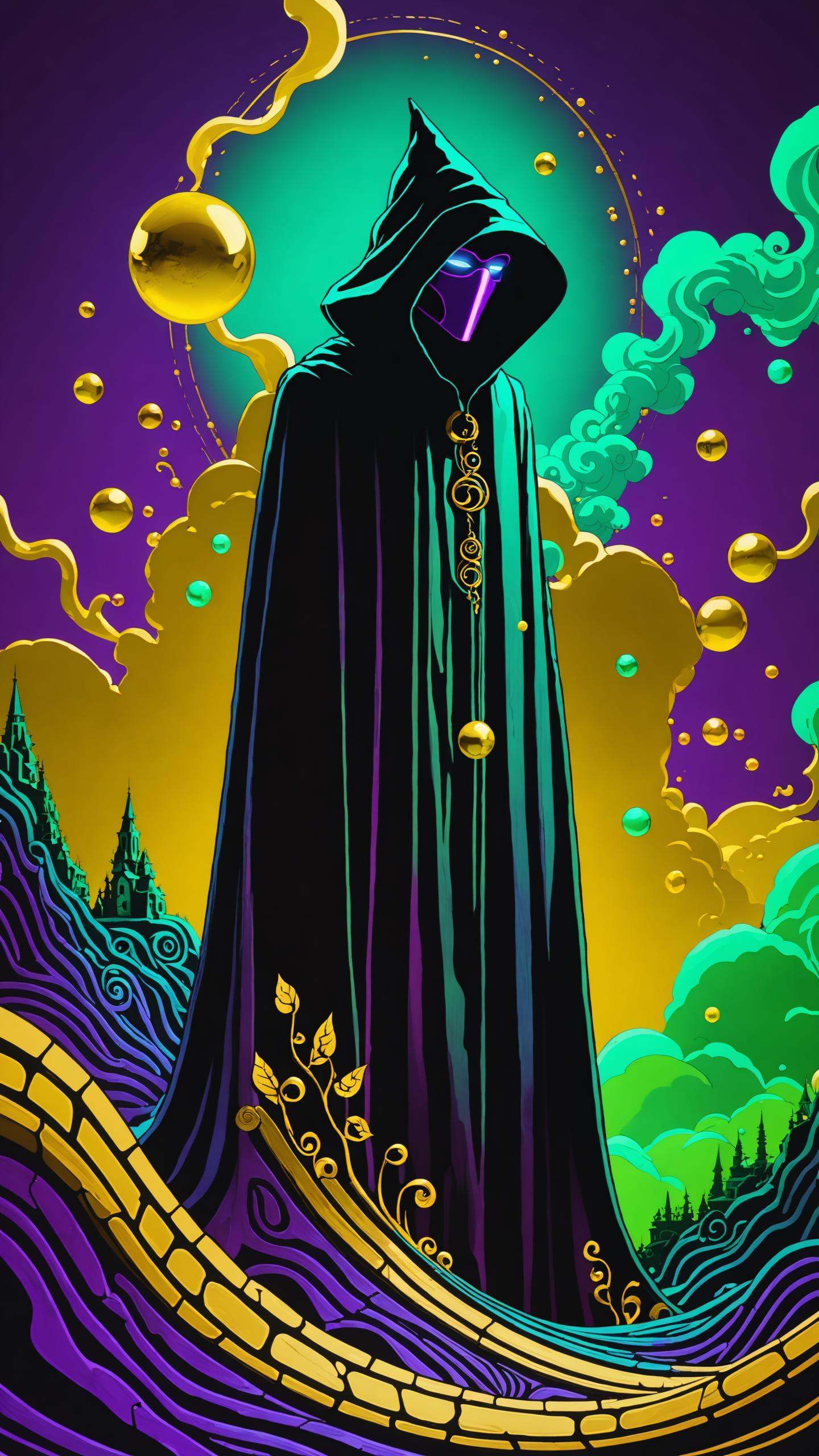 oniric portrait of a tall cloaked figure with a purple mask and green neon clothing,  Azem the Traveler,  yearning to expl...