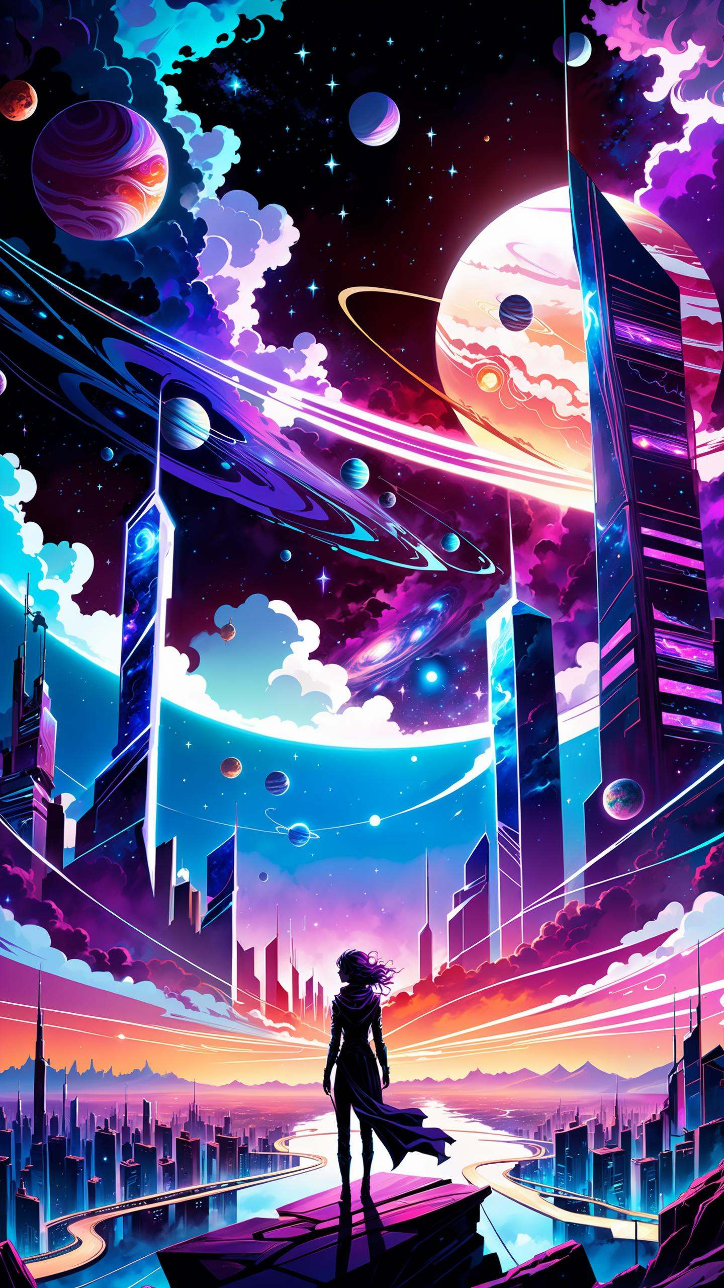 in top of city a beautiful sunset with stars and planets in the sky,  concept art,  inspired by Cyril Rolando on Tensor.Art