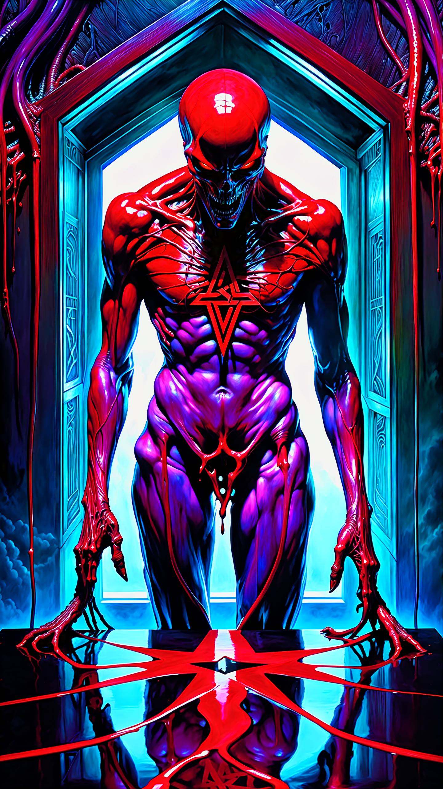 a dangerous looking man rainbow,  blood on top of a table with a demon head,  in the style of giger in the hole on Tensor.Art