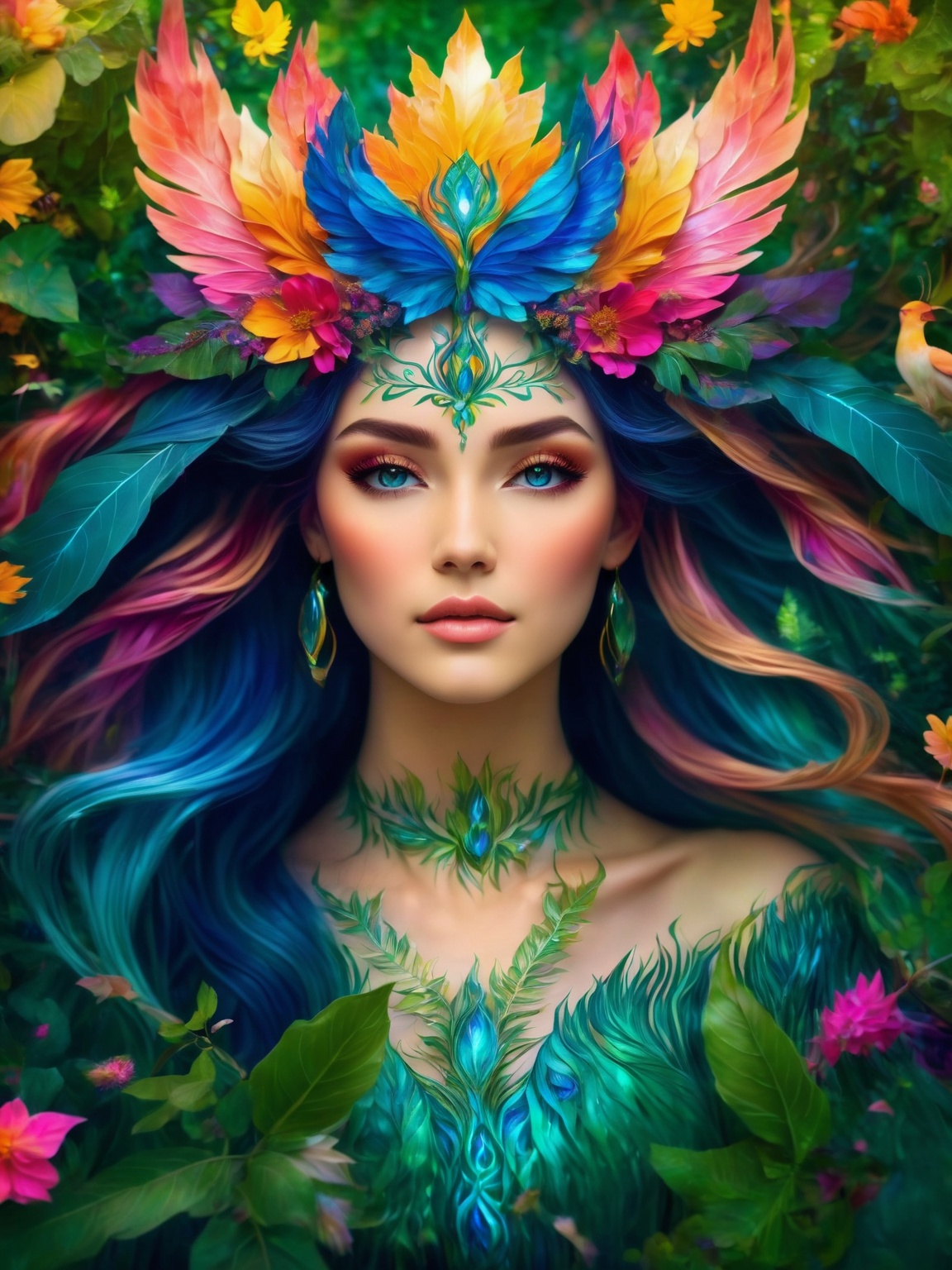 ultra-detailed,  ,  nature goddess transformed into a fantastical creature with a body made of vibrant on Tensor.Art