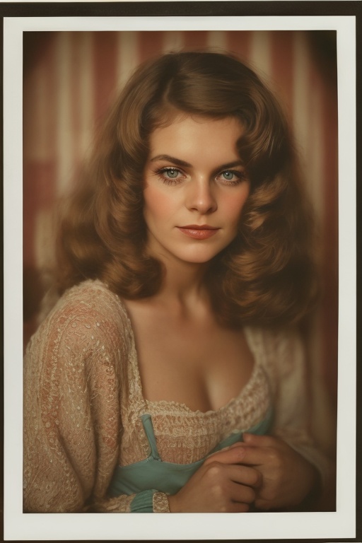 70's Polaroid portrait photography by Jack Vickers. Medium: vintage clothe,  vintage polaroid,  with soft vintage colors....