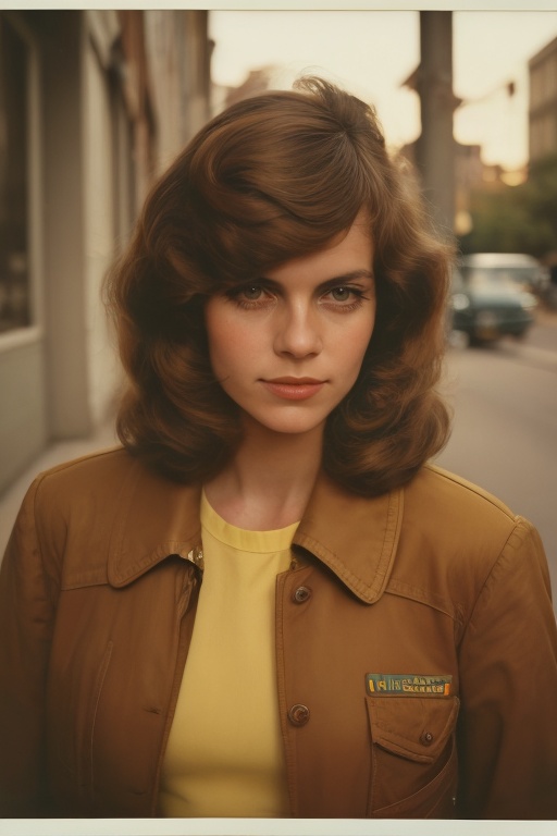 there is a woman with a yellow shirt and a brown jacket,  coloured polaroid photograph,  taken on a 1970s polaroid camera...