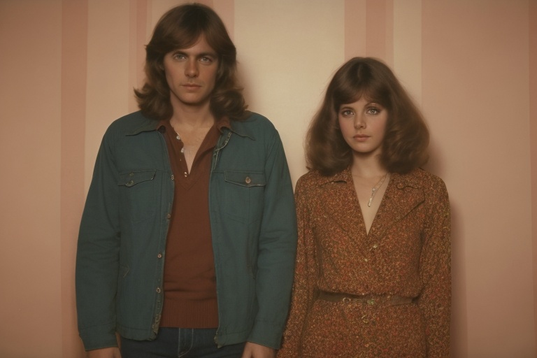 there is a man and a woman standing next to each other,  photo from the 70s,  photo from the 7 0 s on Tensor.Art