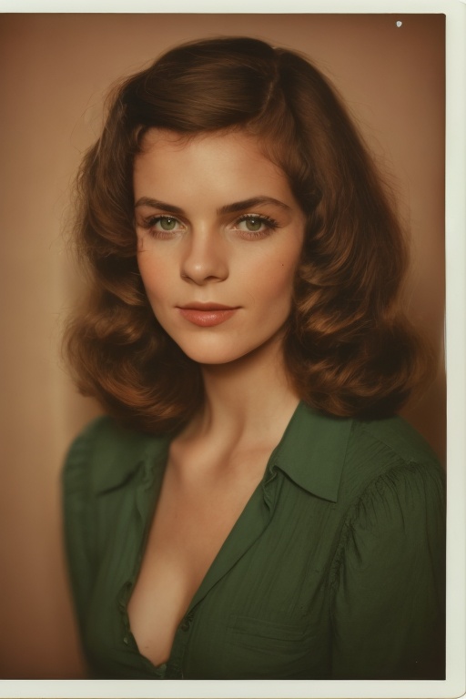 photograph of a woman with a green shirt and brown hair,  polaroid color photograph,  polaroid vintage color photo on Tens...