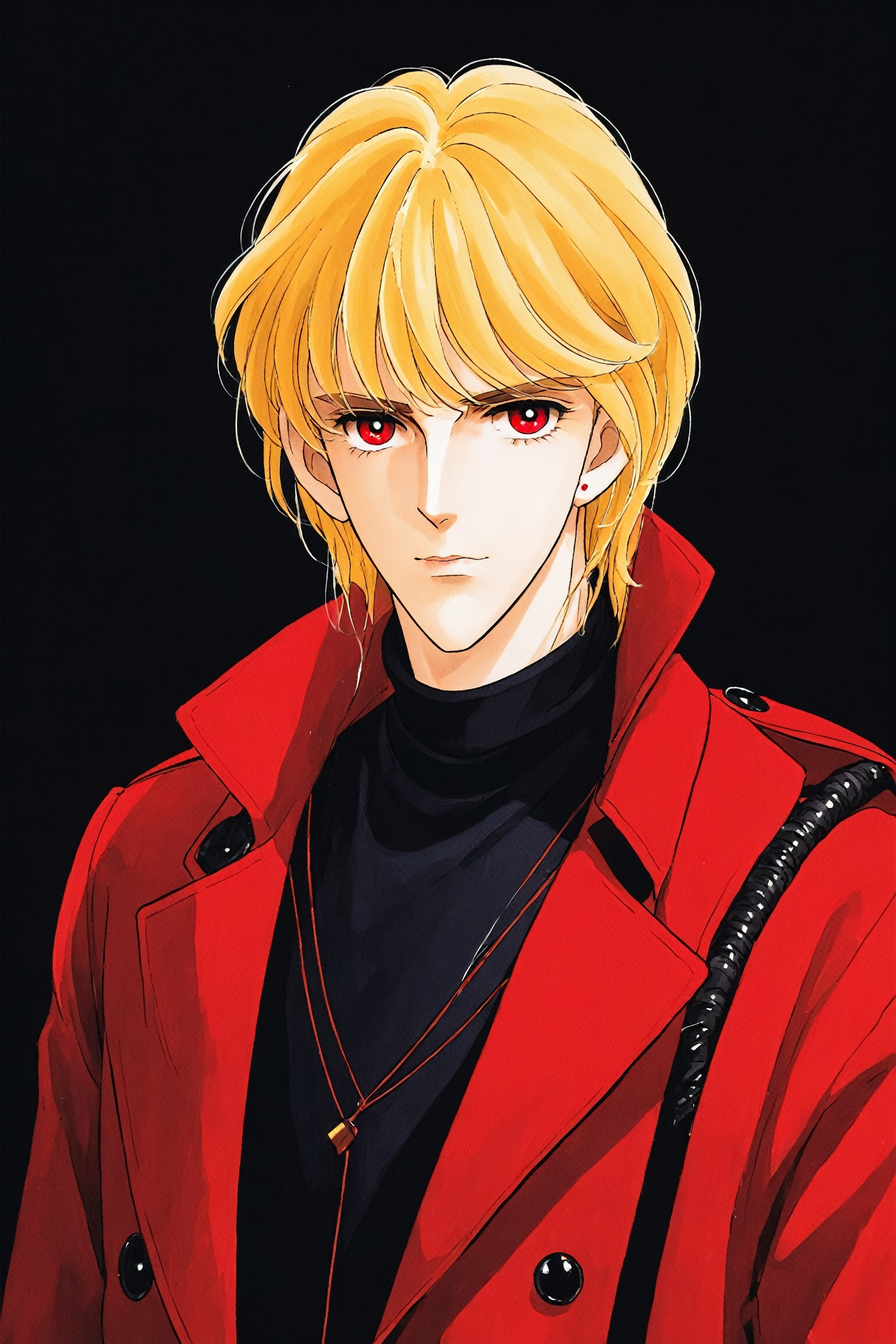 A portrait of a handsome man in slick collared red armored trenchcoat,  redriver,  blonde hair on Tensor.Art