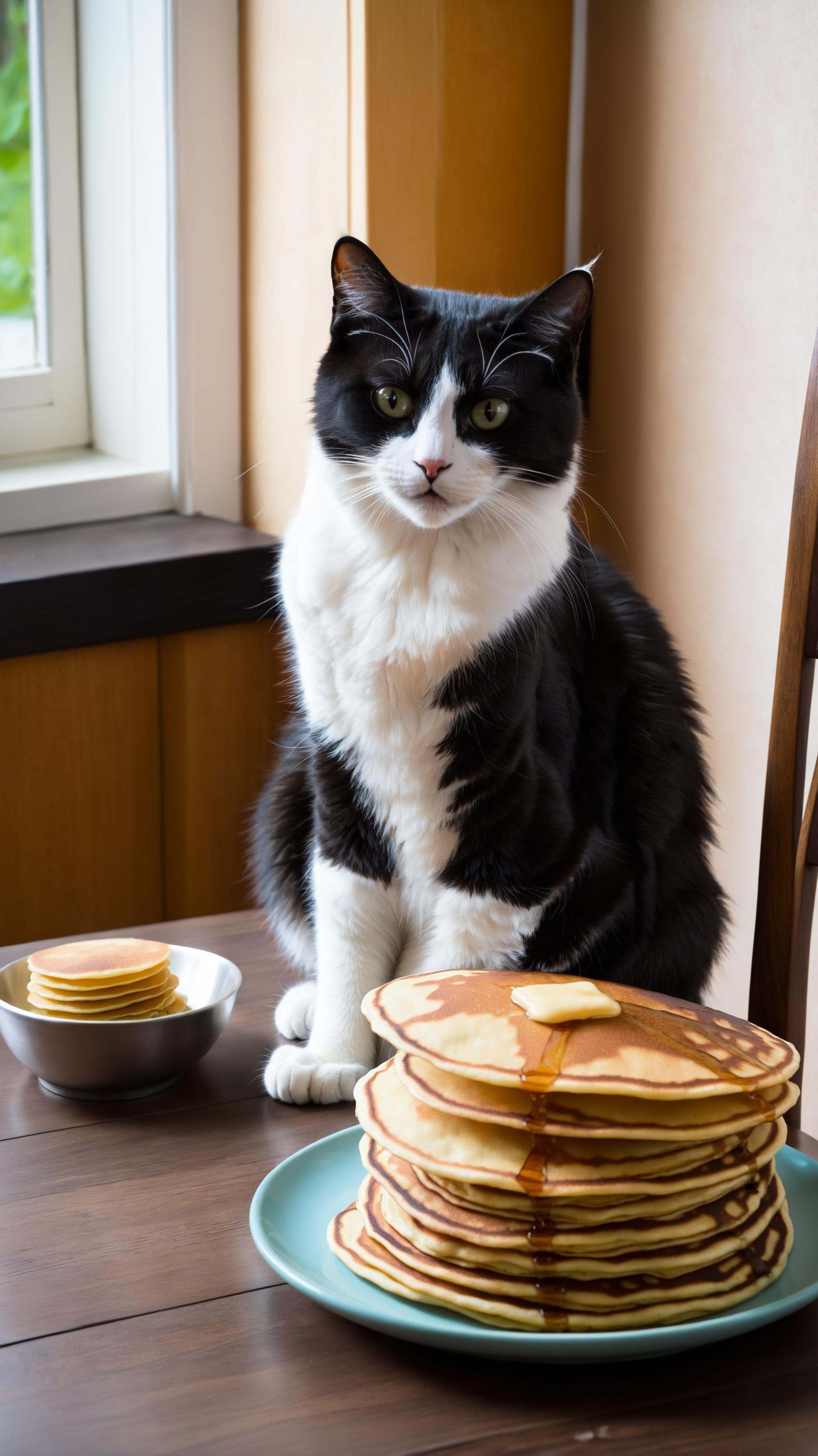 A cat sits on a wooden chair and looks at a stack of blini pancakes with disgust on Tensor.Art