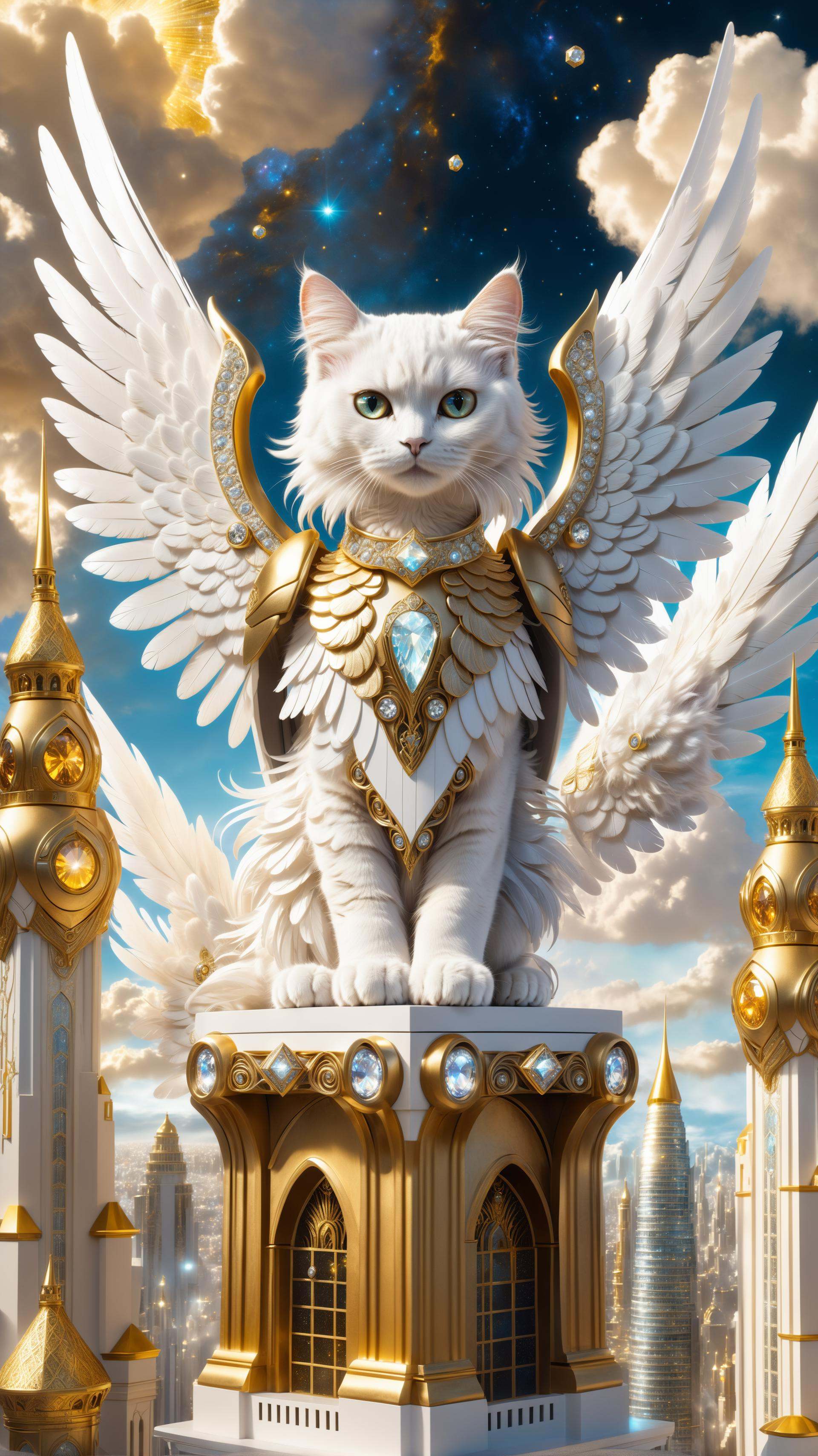 8k,  Fluffy White Angel cat perched upon golden bejeweled tower in a heavenly utopian city,  huge feathery angel wings on...