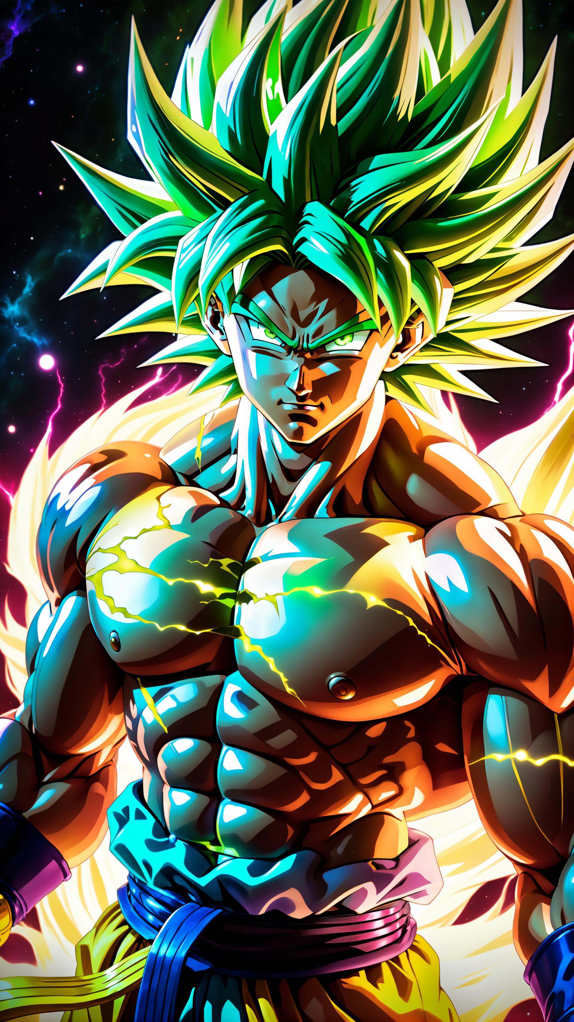 (realistic photo of Broly) the legendary super sayan with green hair,  realistic photo,  (raw photo of Broly cosplay) on T...